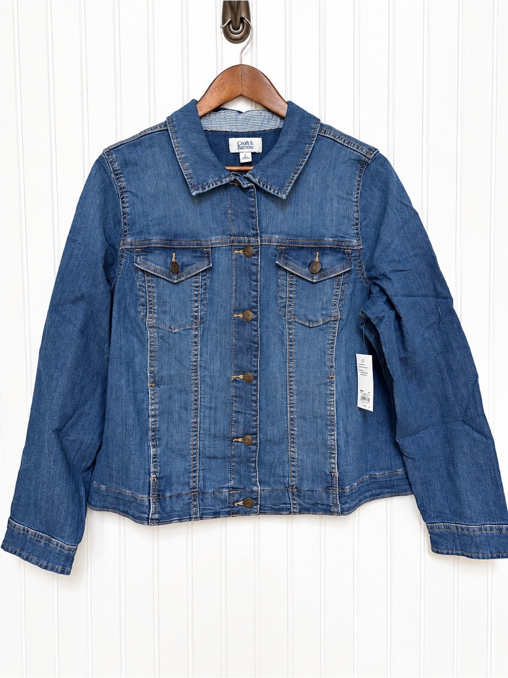 Americana Women's Trucker Jean Jacket Size L Classic Equestrian Layering Stretch
